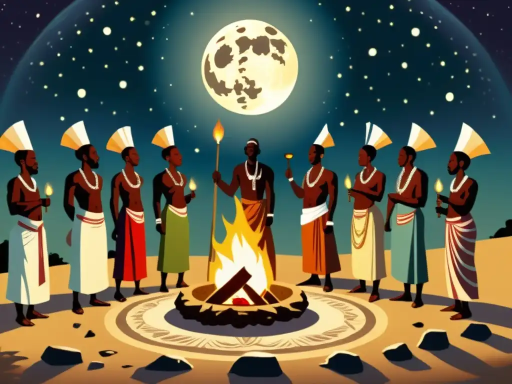 Imagen de un ritual espiritual africano bajo la luz de la luna llena con el significado espiritual de los ciclos lunares