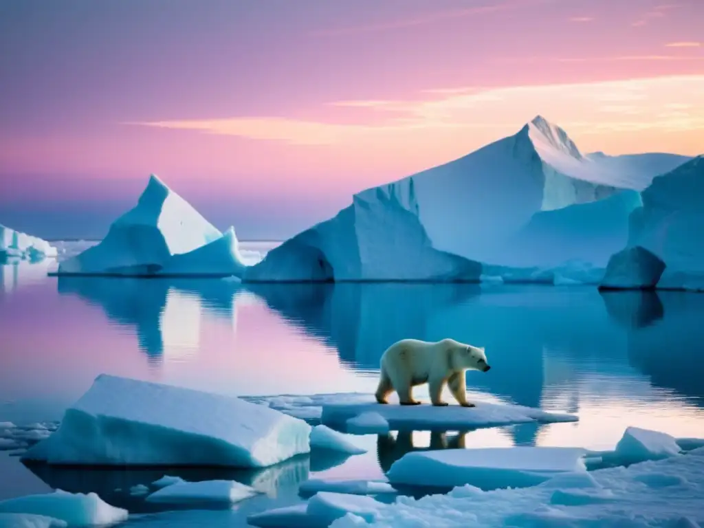 Imagen de la serena belleza del Círculo Ártico con el sol de medianoche, añadiendo a la escena la majestuosidad de un oso polar en un iceberg