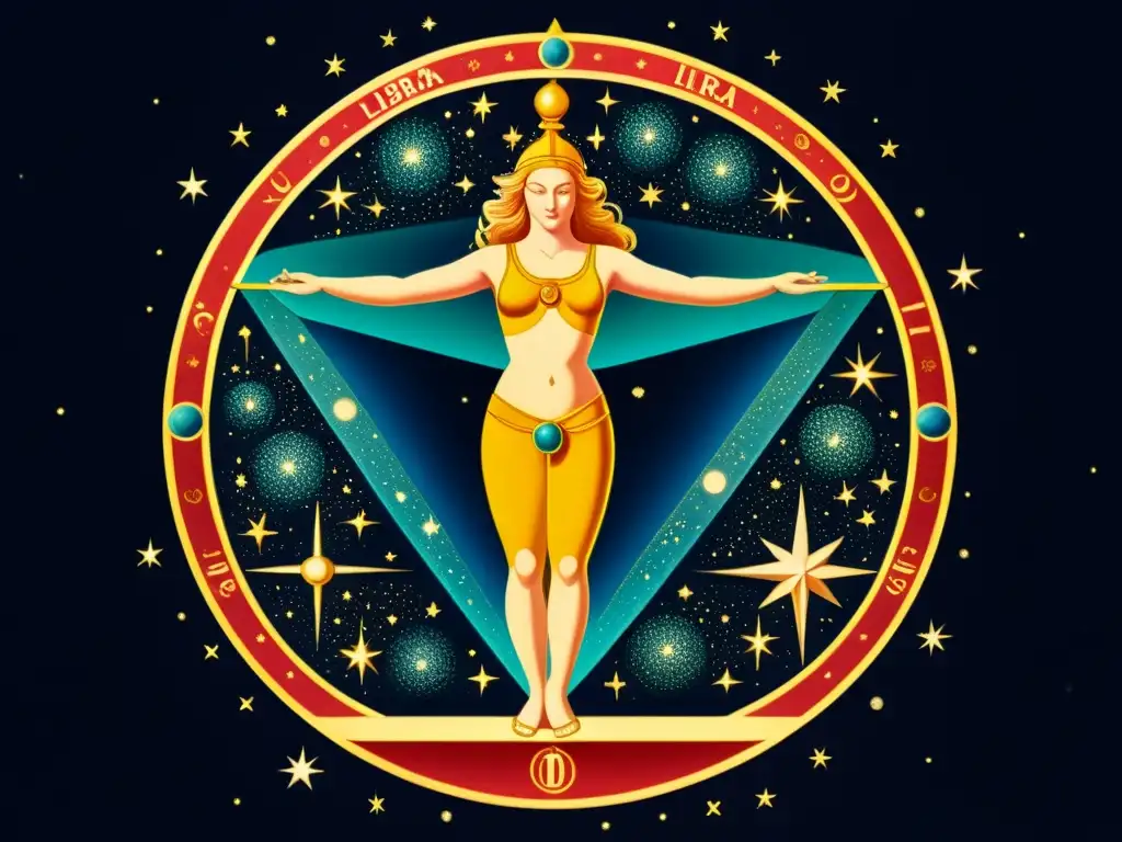 Imagen del significado mitológico de la constelación Libra: una detallada ilustración vintage con las icónicas escalas sostenidas por una figura celestial, rodeada de estrellas y nebulosas en colores ricos y profundos