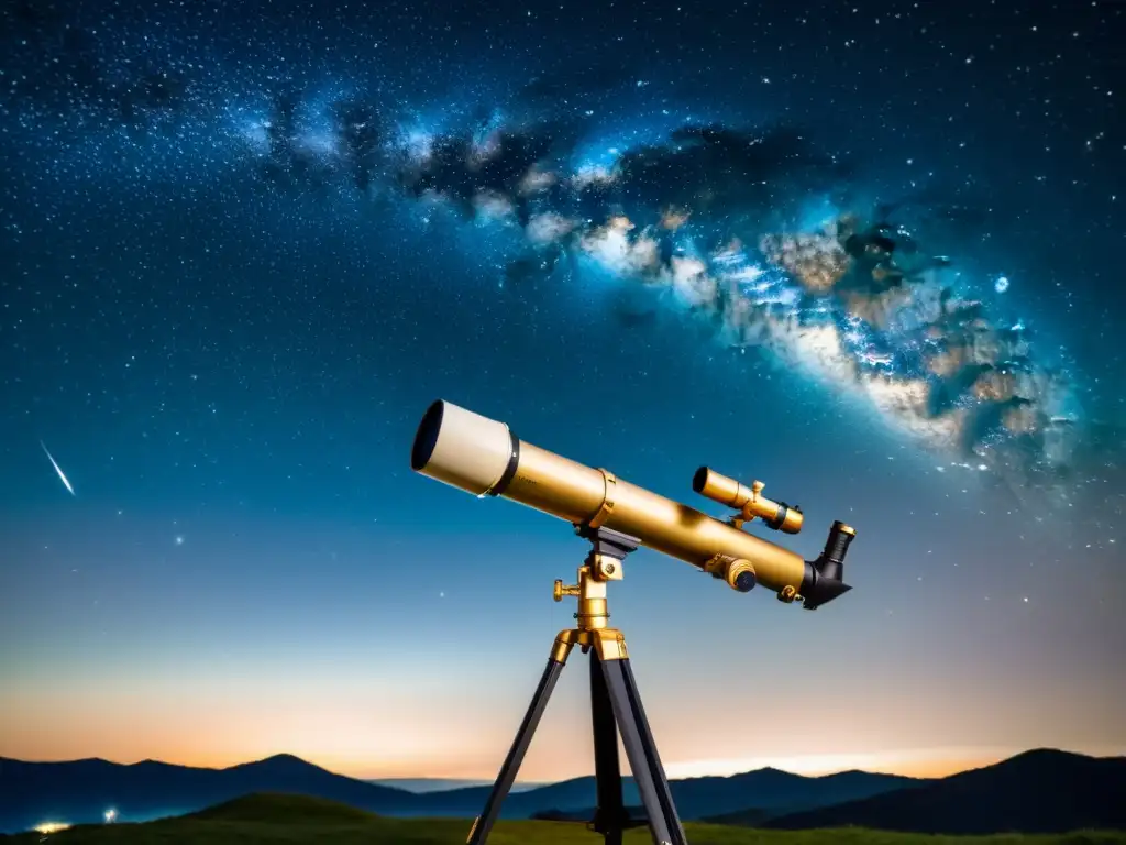 Imagen de un telescopio vintage apuntando a un cielo estrellado, con constelaciones visibles y la Vía Láctea