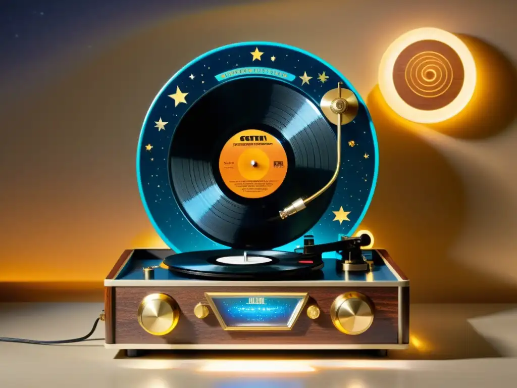 Imagen de tocadiscos vintage con disco celestial, iluminado por lámpara retro