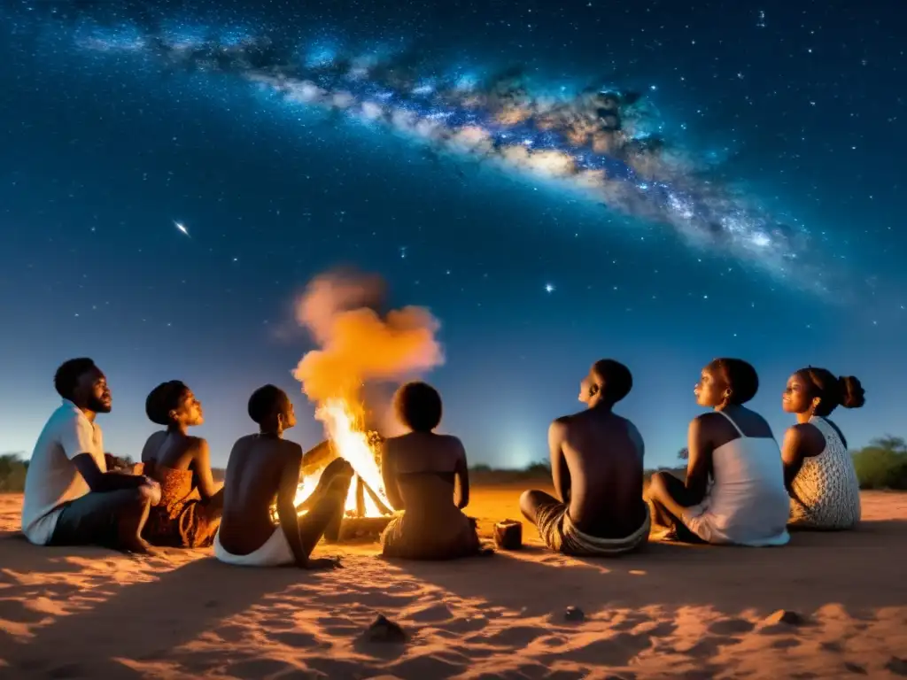 Imagen de tribus africanas practicando astronomía bajo las estrellas en torno a una fogata