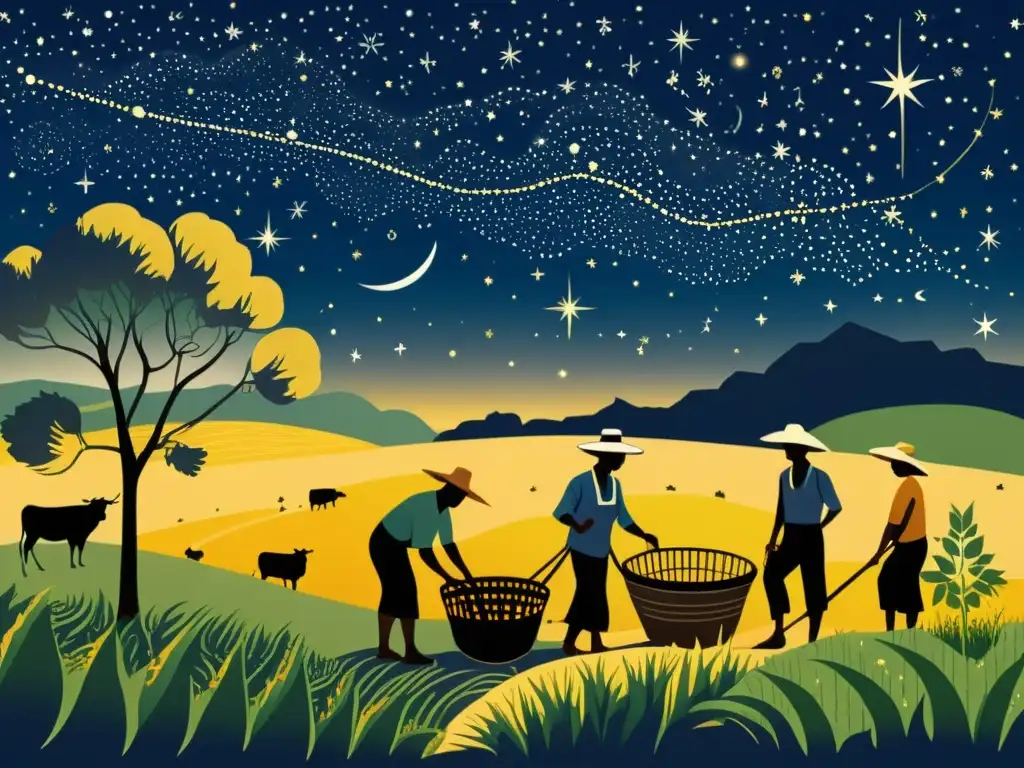 Imagen vintage de agricultores indígenas bajo constelaciones, mostrando la influencia de la agricultura y la conexión con la naturaleza