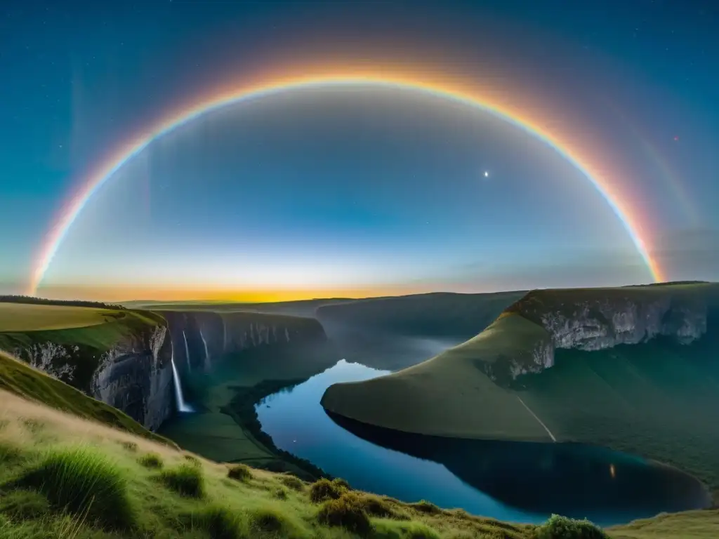 Una imagen vintage de un arco iris lunar sobre un paisaje nocturno sereno, con una atmósfera etérea y mística