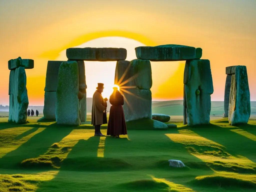 Una imagen vintage de celebraciones astronómicas en Stonehenge al atardecer, evocando la reverencia por el solsticio y el equinoccio