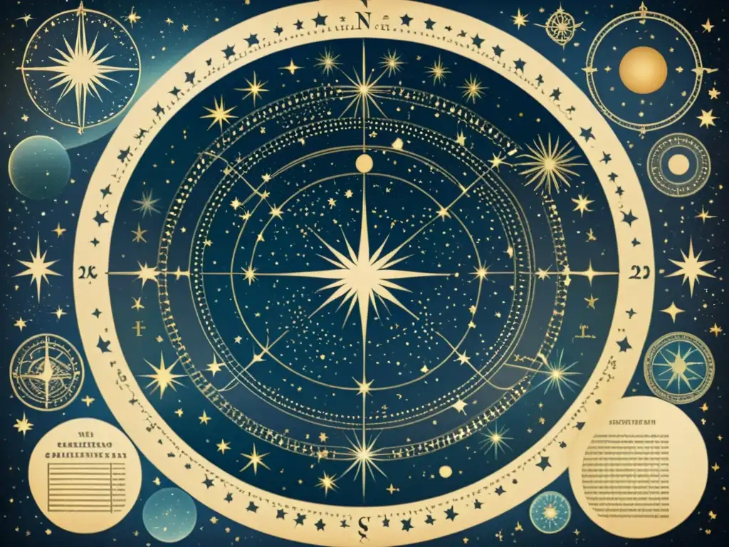 Imagen vintage de un cielo estrellado y constelaciones detalladas sobre un mapa histórico