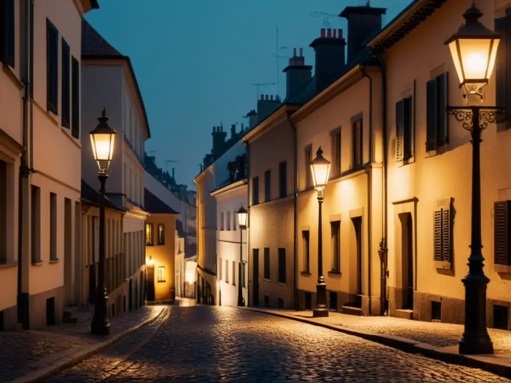 Imagen vintage de ciudad nocturna, con luz cálida de farolas sepia, evocando tranquilidad y nostalgia