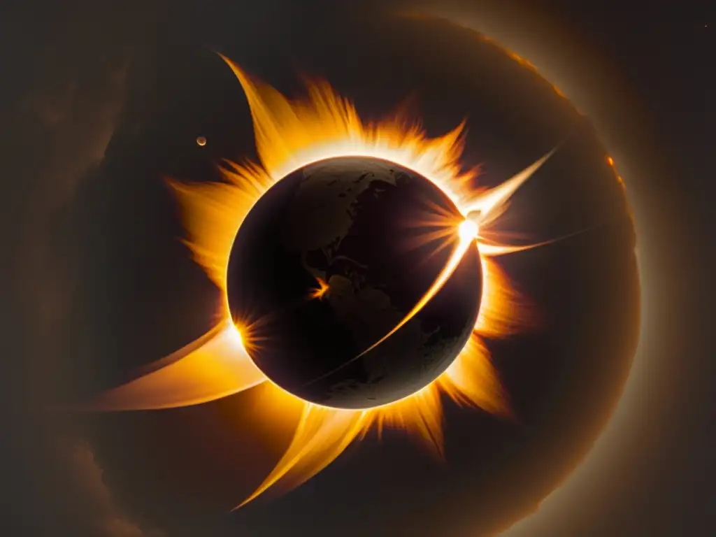 Imagen vintage de un eclipse solar con detalles de la corona y la sombra lunar en la Tierra