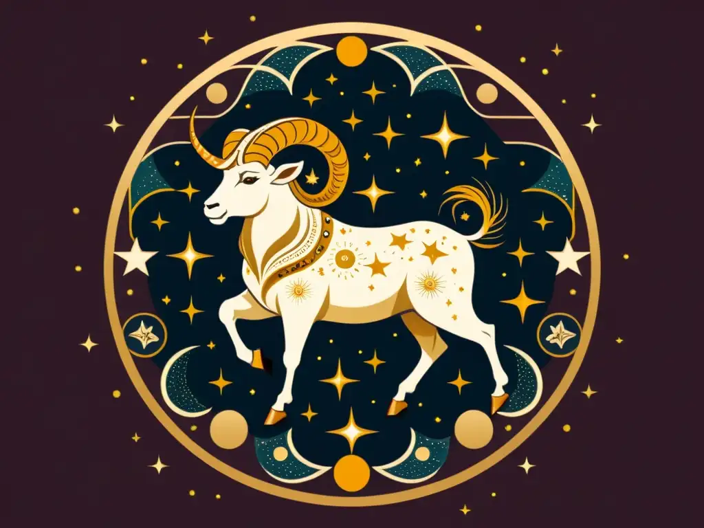 Imagen vintage de la constelación Aries, con la estrella Hamal destacada, evocando la mitología antigua y significado cósmico