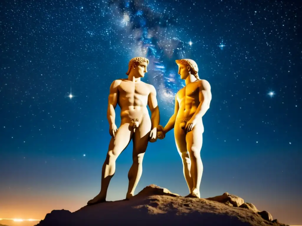 Imagen vintage de los hermanos gemelos Cástor y Pólux bajo un cielo estrellado, capturando la esencia de la mitología de los Gemelos Cósmicos Géminis