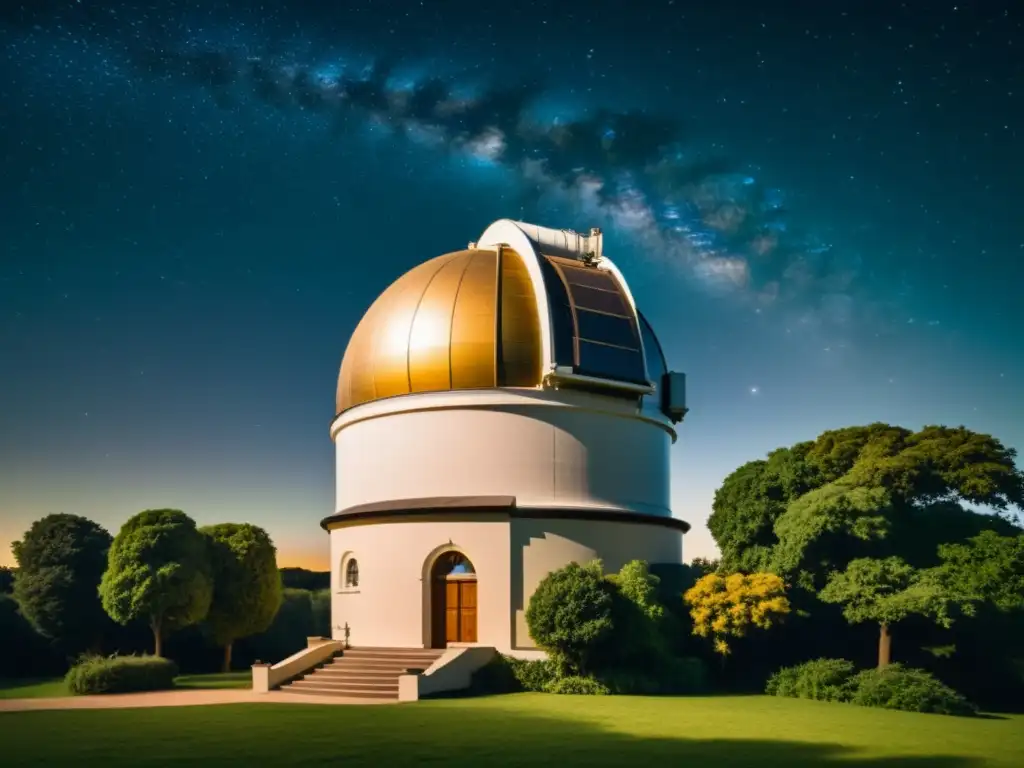 Imagen vintage de un observatorio histórico con telescopio apuntando al cielo estrellado, rodeado de exuberante vegetación