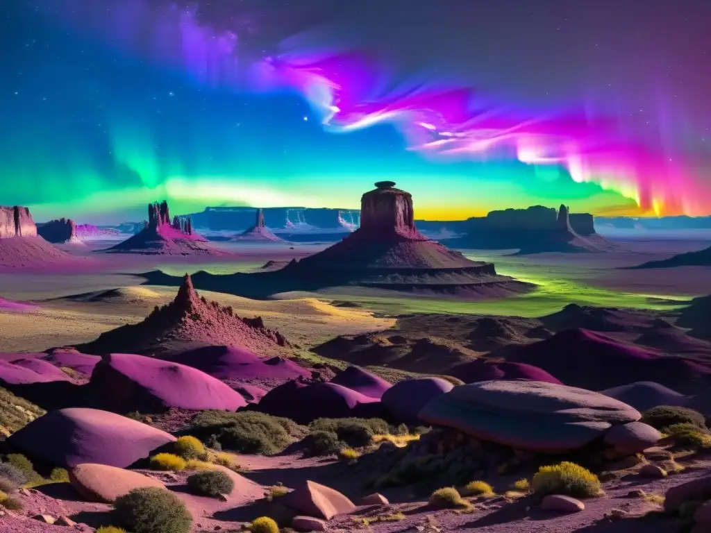 Imagen vintage de un paisaje alienígena rocoso en tonos de púrpura, rosa y azul eléctrico, con auroras verdes y amarillas en el cielo