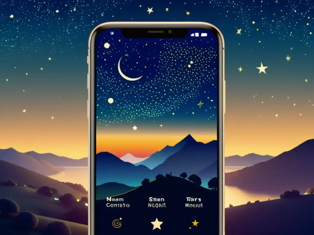 Imagen vintage de una pantalla de smartphone mostrando un cielo estrellado con constelaciones y una app de constelaciones