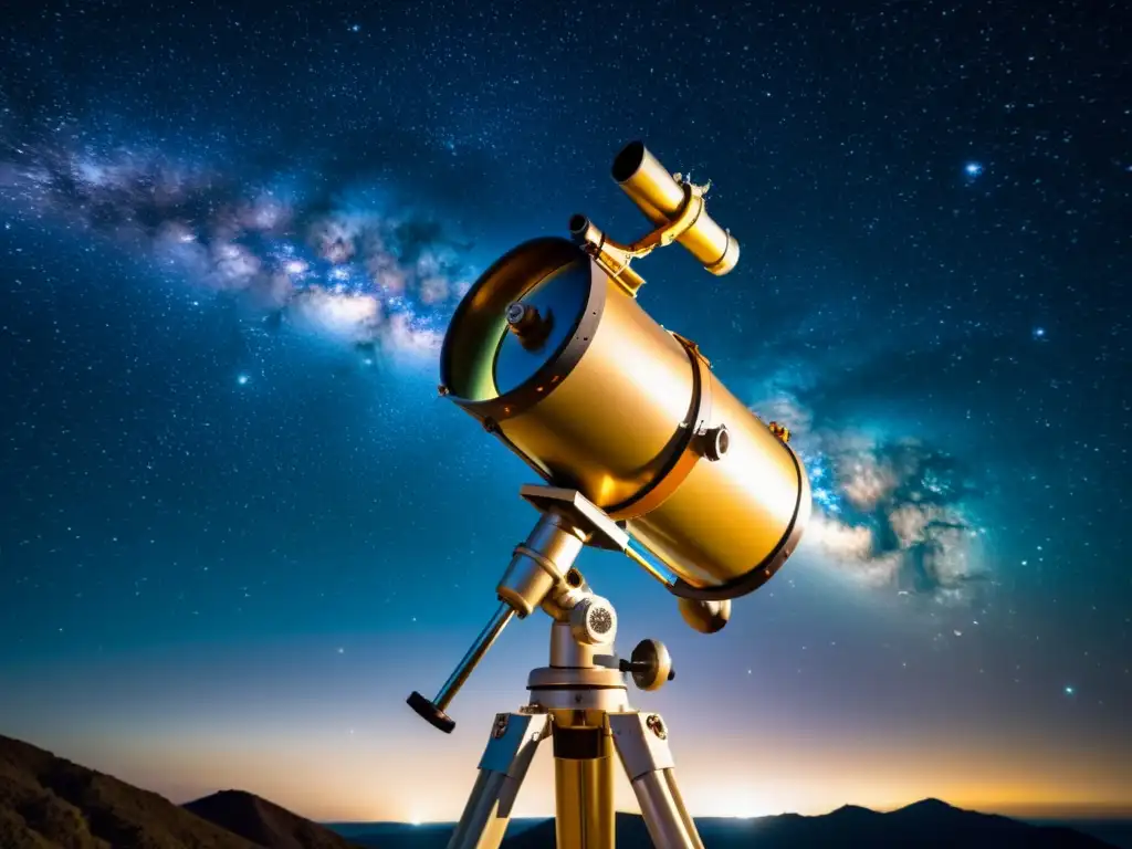 Imagen vintage de un potente telescopio apuntando al cielo nocturno, capturando la belleza de galaxias y cuerpos celestes