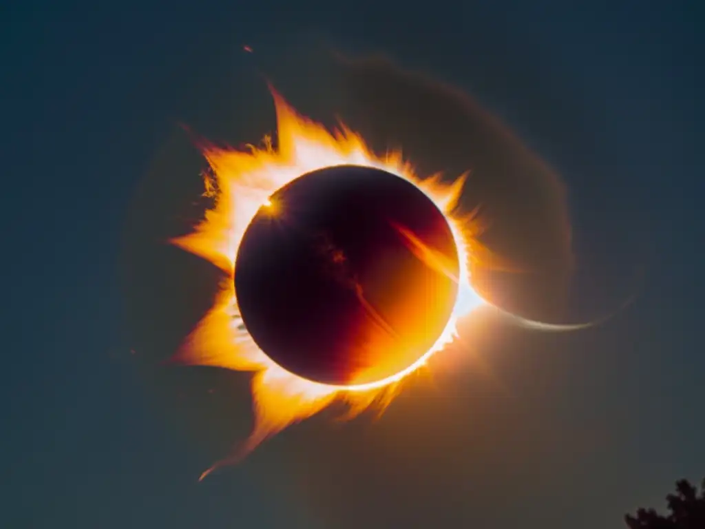 Una impactante fotografía de un eclipse solar en estilo vintage, con la corona solar y la luna parcialmente ocultando el sol