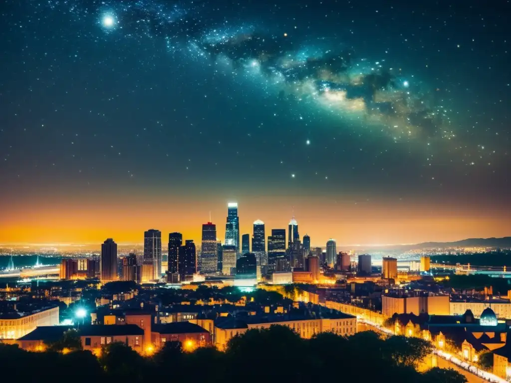 Una impactante imagen vintage de un horizonte urbano iluminado por luces de colores, con un cielo estrellado ausente