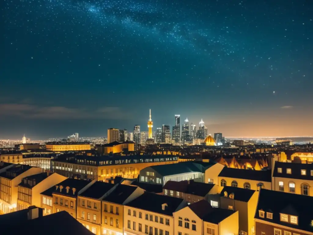 Una impactante fotografía vintage de un bullicioso horizonte urbano iluminado por las luces de la ciudad