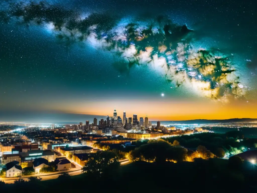 Una impactante fotografía vintage del cielo estrellado sobre la ciudad, resaltando el impacto de la contaminación lumínica en el cosmos