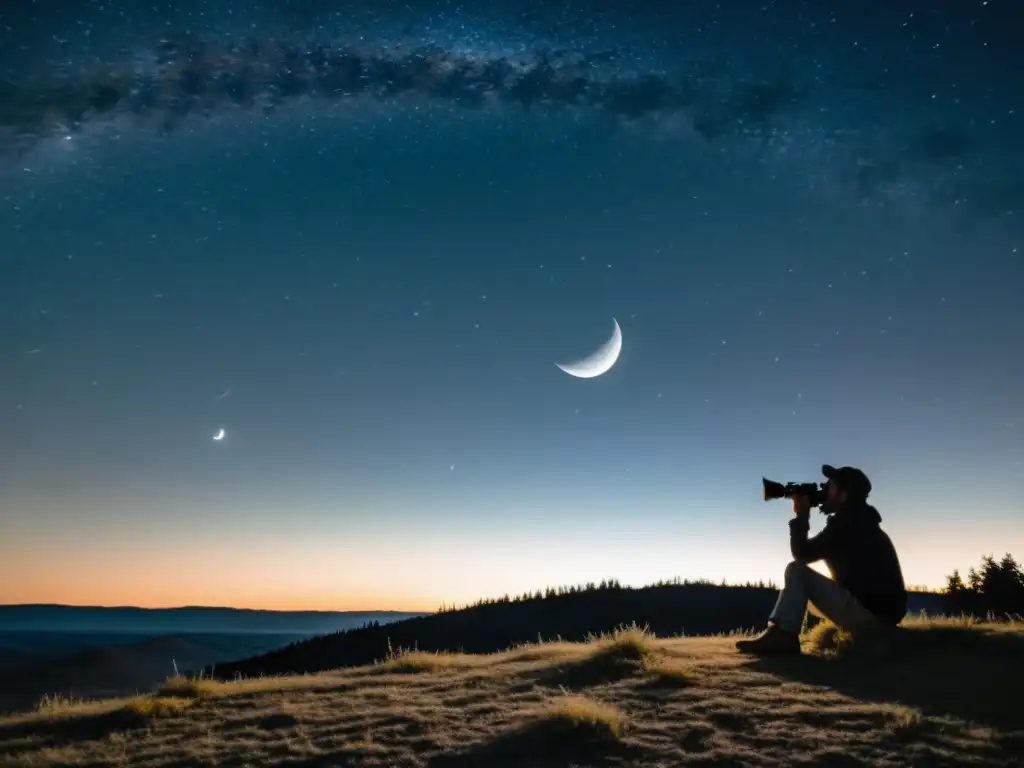 Impacto de la fase lunar en astrofotografía: Fotógrafo solitario captura la misteriosa belleza de la noche con luna menguante