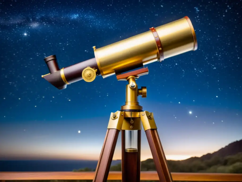 Imponente telescopio vintage de latón y caoba bajo un cielo estrellado con constelaciones, ideal para capturar constelaciones en la noche