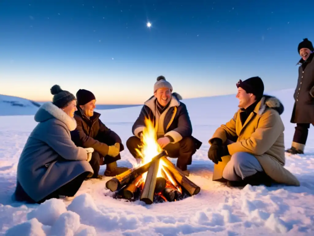 Importancia de la estrella polar en la celebración polar alrededor del fuego en la nieve, transmitiendo calidez y camaradería