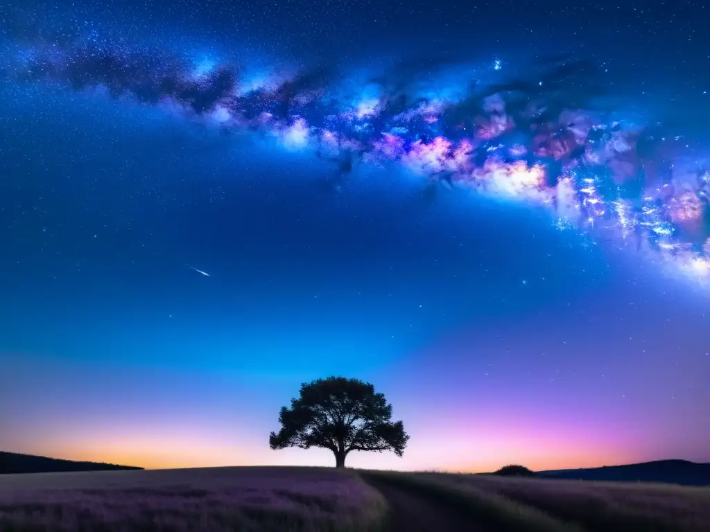 Una impresionante astrofotografía de campo amplio que captura la belleza nocturna de la Vía Láctea, con tonos vibrantes de azul, púrpura y toques de rosa