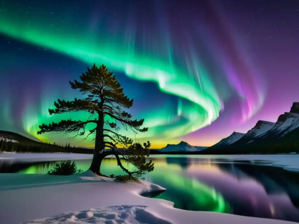 Una impresionante aurora boreal en tonos verde y morado sobre un lago helado, con un árbol solitario en primer plano