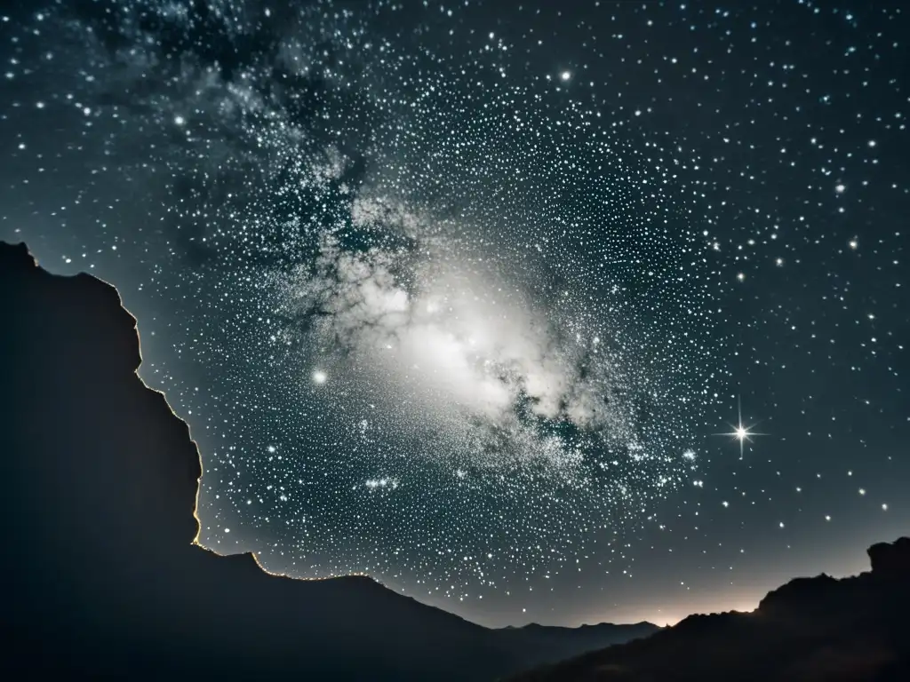 Un impresionante cielo estrellado en blanco y negro con las Pléyades en el centro, invitando a admirar las Pléyades en noche estrellada