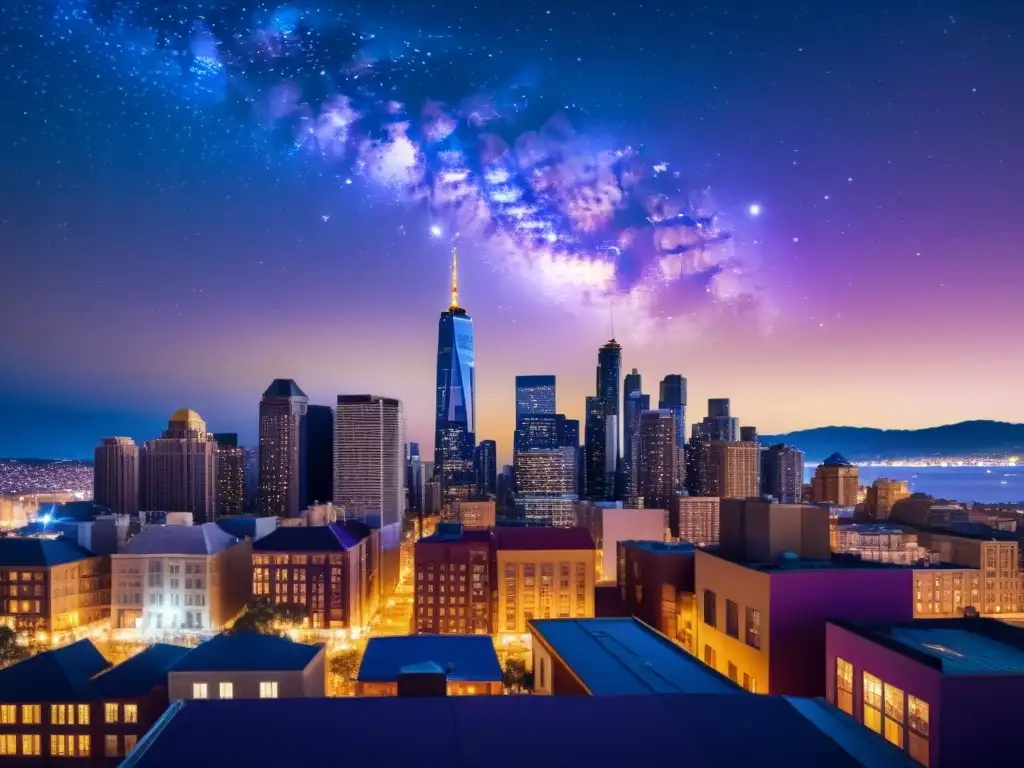 Una impresionante fotografía vintage del cielo nocturno urbano, capturando la armonía entre la ciudad y las maravillas celestiales