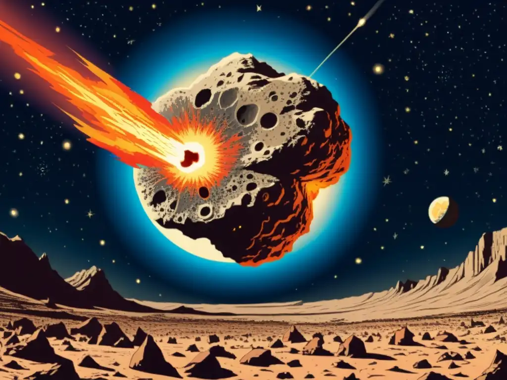 Un impresionante dibujo vintage de un asteroide masivo en ruta de colisión con la Tierra, evocando asombro y peligro inminente