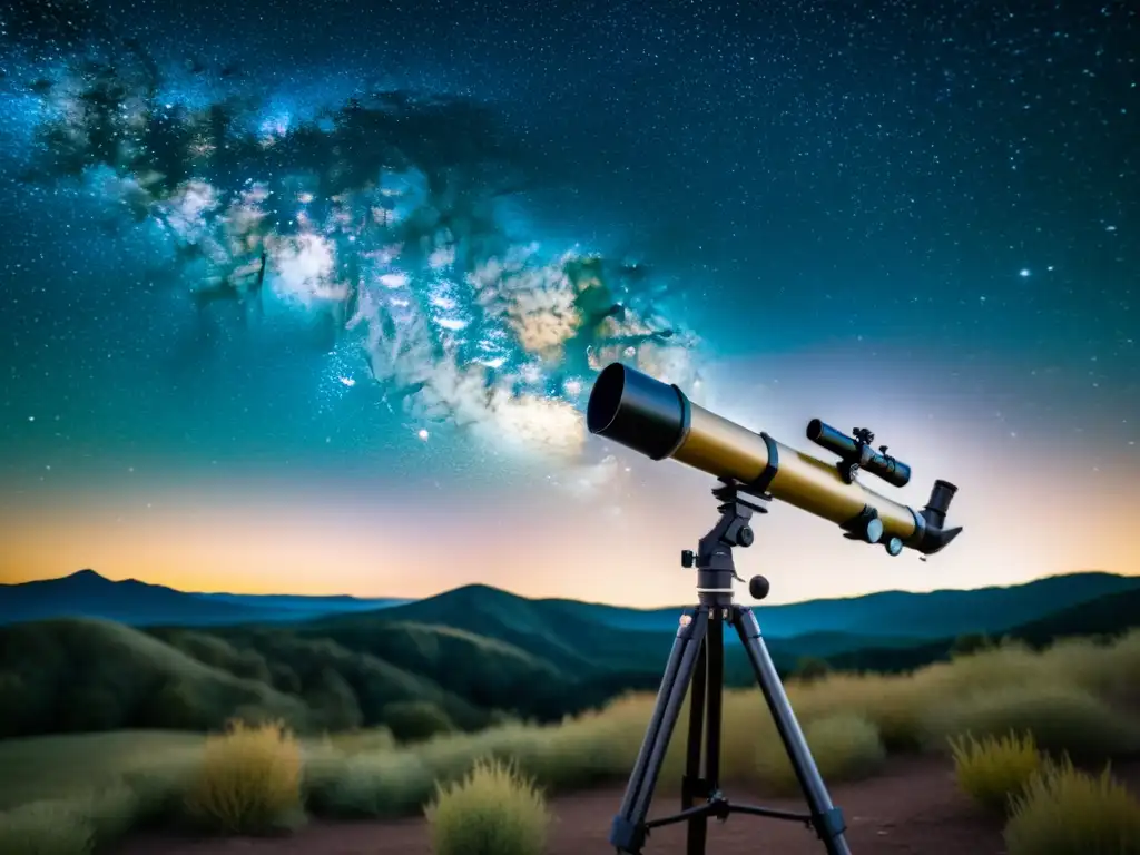 Una impresionante foto vintage del cielo estrellado con la Vía Láctea en el horizonte y un telescopio vintage en primer plano