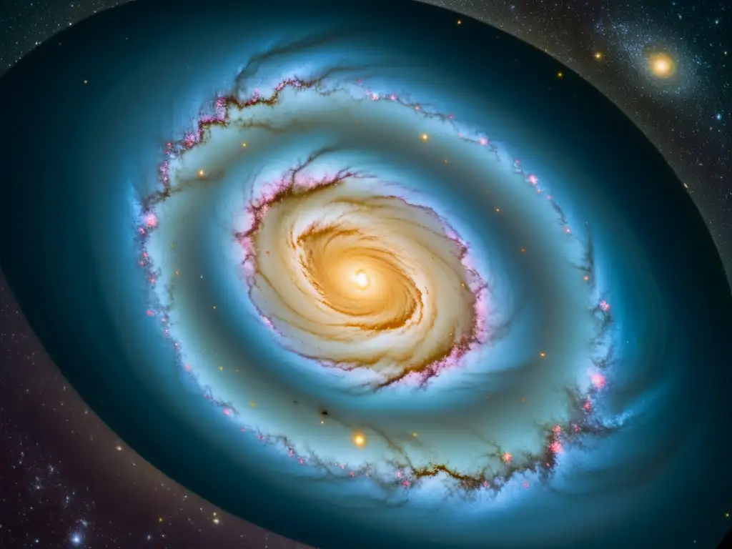 Una impresionante imagen de una galaxia espiral capturada a través de un telescopio, con detalles intrincados y colores profundos