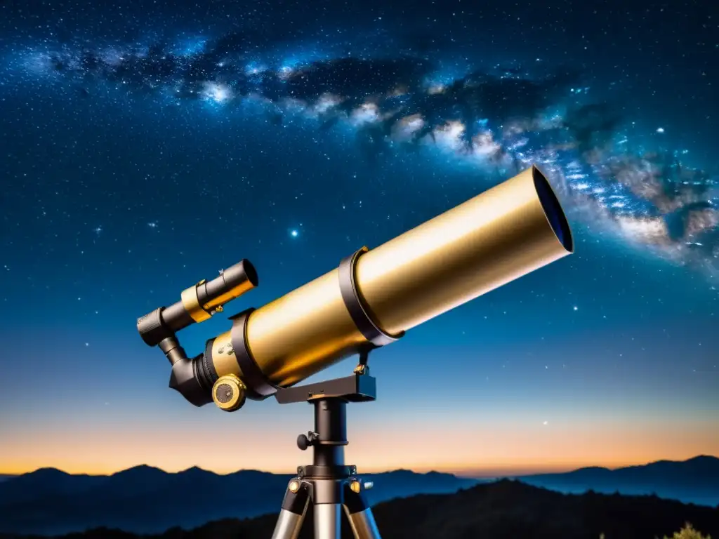 Una impresionante imagen 8K de un telescopio vintage apuntando al cielo nocturno, capturando las constelaciones lejanas