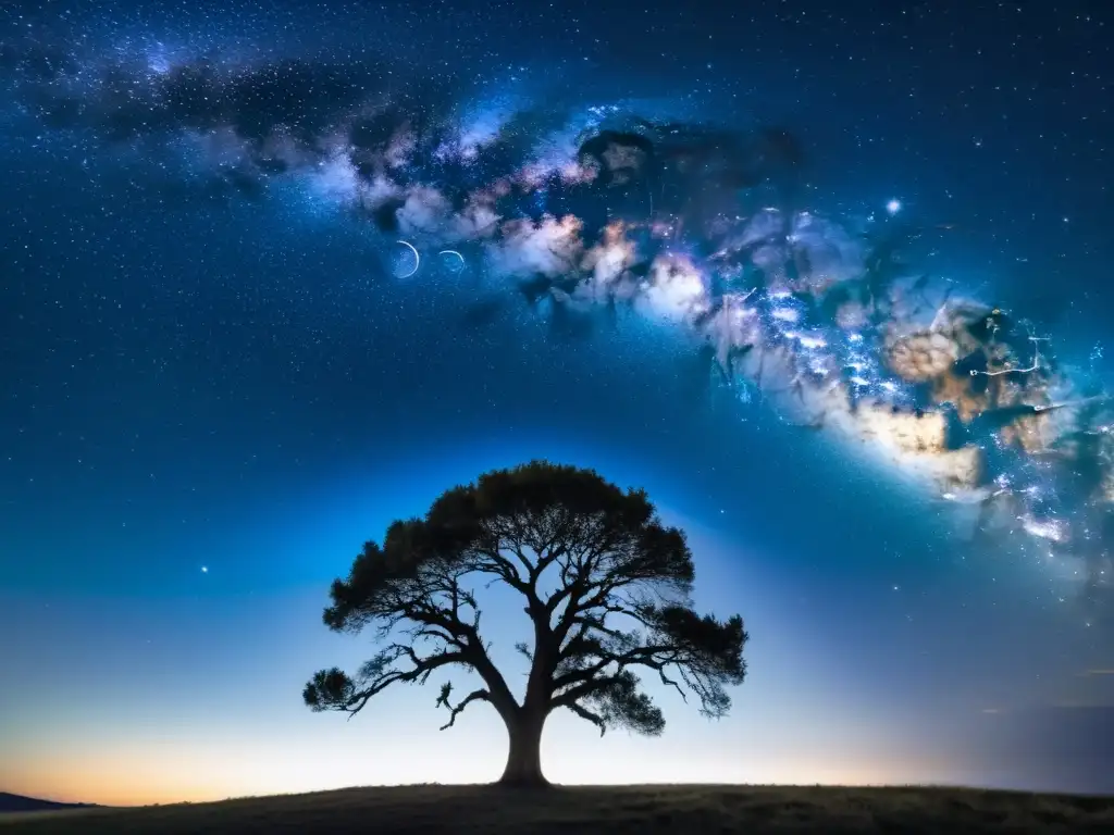 Una impresionante imagen vintage del cielo nocturno con la Vía Láctea y un solitario árbol capturando detalles astrofotografía condiciones baja luz