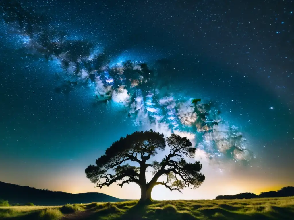 Una impresionante imagen vintage de un cielo estrellado con la Vía Láctea, enmarcada por siluetas de árboles antiguos