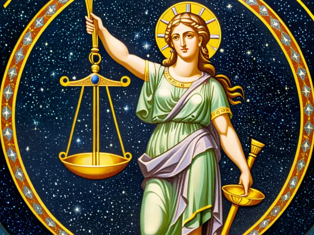 Una impresionante representación de Libra en la antigüedad, con la diosa Justicia sosteniendo las balanzas, rodeada por la constelación de Libra