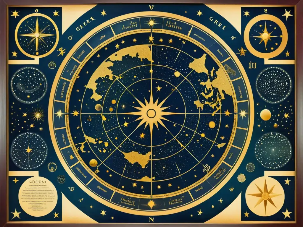 Una impresionante mapa celestial vintage con detalles de constelaciones de la mitología griega y romana, envejecido y lleno de historia y maravilla