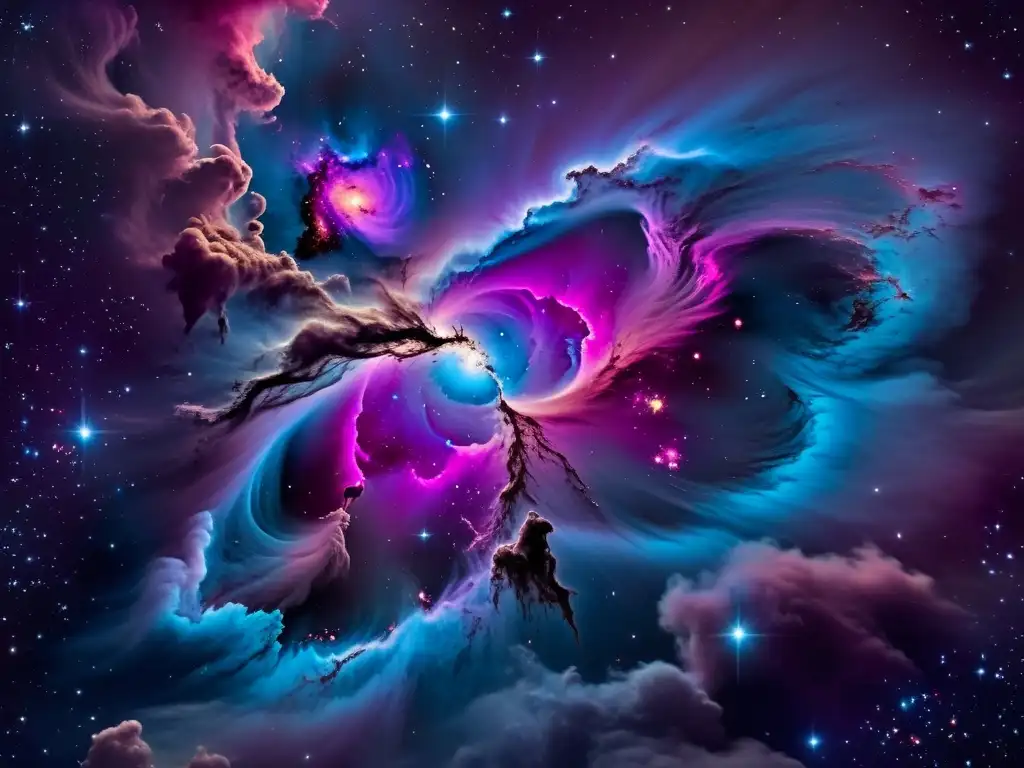 Una ilustración vintage de una impresionante nebulosa en tonos vibrantes de rosa, púrpura y azul