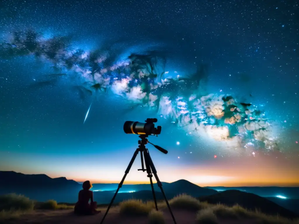 Una impresionante noche estrellada con la Vía Láctea y la cámara capturando el cielo para vídeos timelapse de fotografías astronómicas