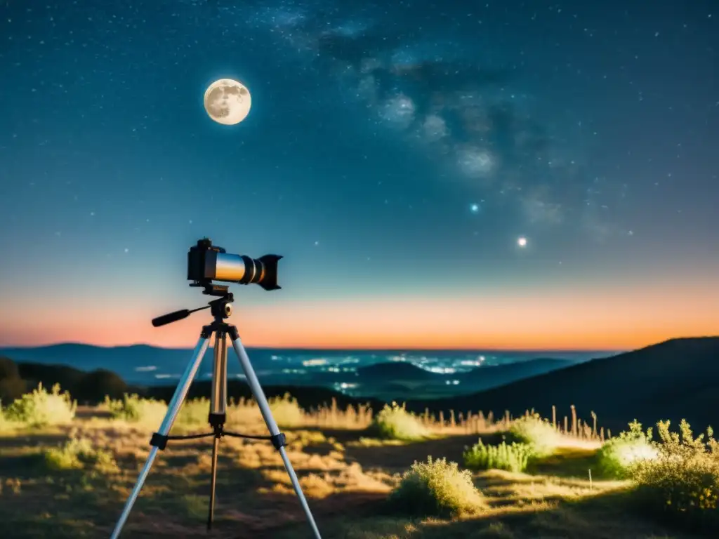 Una impresionante noche estrellada con luna llena y cámara en trípode capturando la escena celestial