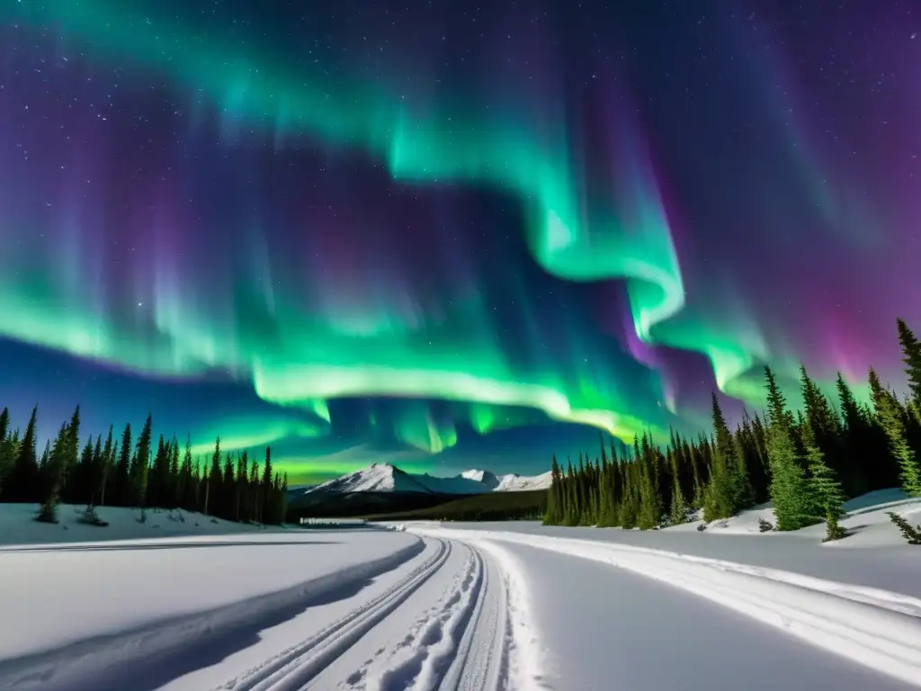 Una impresionante fotografía nocturna de auroras boreales en un cielo estrellado, con colores vibrantes y un paisaje nevado