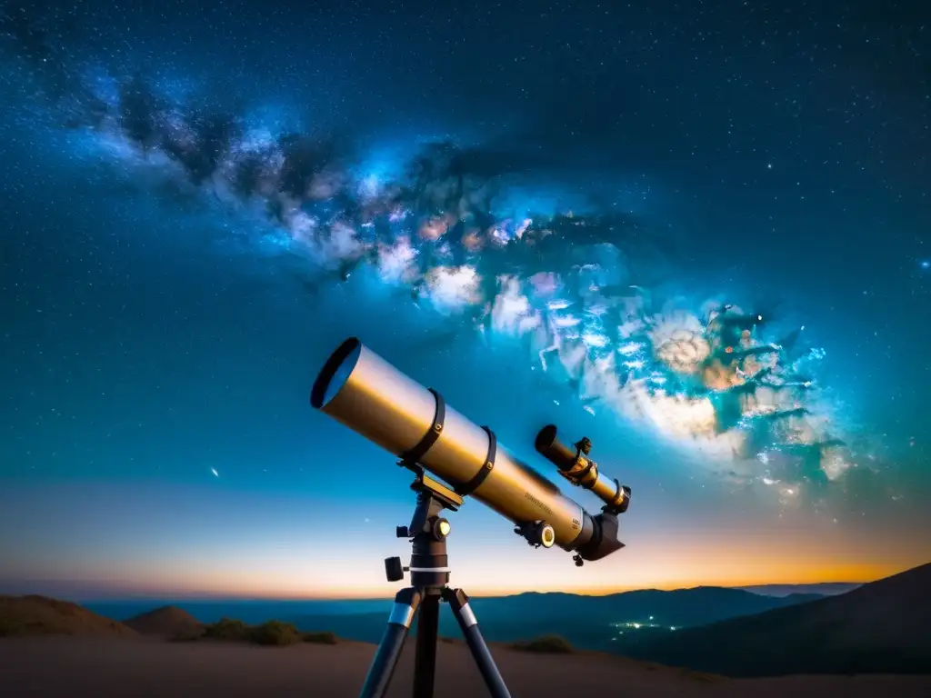 Un impresionante paisaje nocturno de la Vía Láctea con un telescopio vintage, ideal para Consejos para astrofotografía nocturna