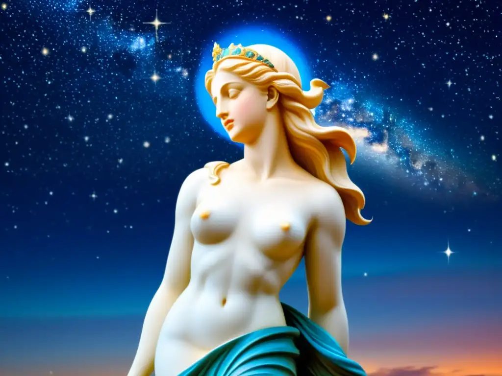 Una impresionante pintura vintage de la figura mitológica Galatea cobrando vida como estatua, en un escenario de estrellas