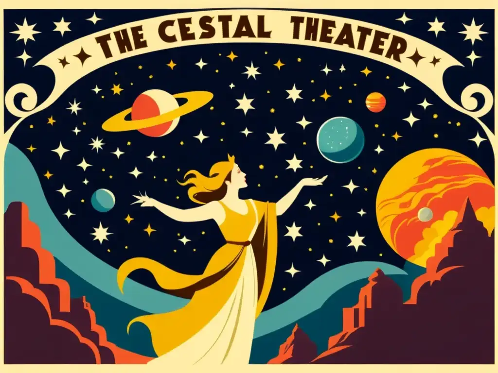 Un impresionante póster de teatro vintage representa mitos estelares con figuras míticas, estrellas y planetas en un escenario celestial