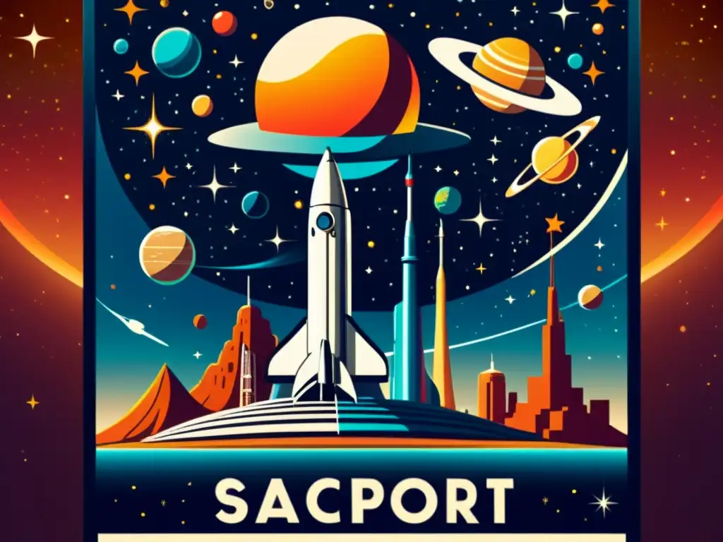 Un impresionante póster vintage inspirado en los viajes, con un bullicioso puerto espacial y naves despegando y aterrizando entre estrellas y planetas