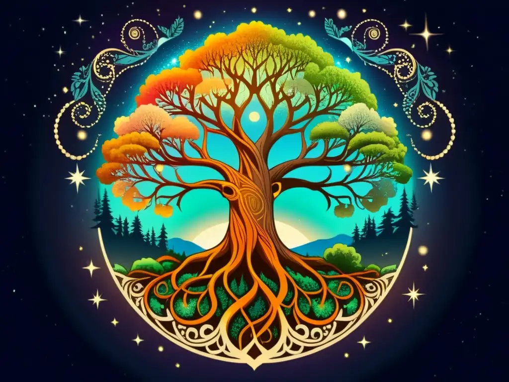 Una impresionante representación estelar del Árbol Yggdrasil evoca la sabiduría mítica y la maravilla ancestral