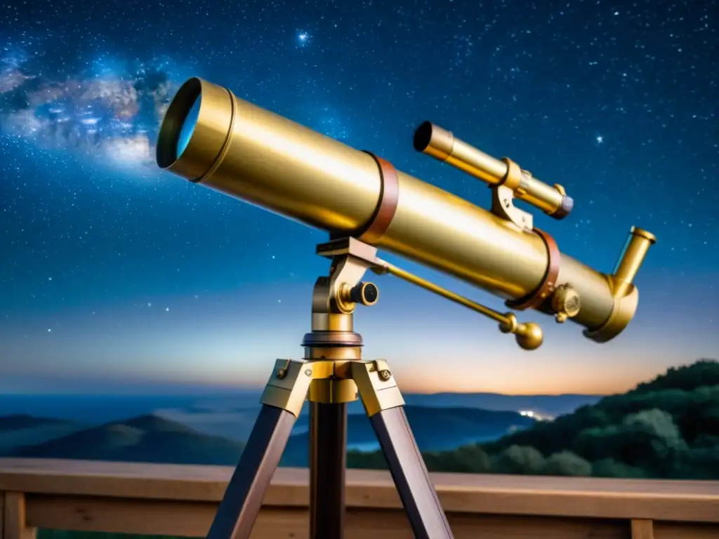 Un impresionante telescopio de latón vintage bajo un cielo estrellado con la Vía Láctea