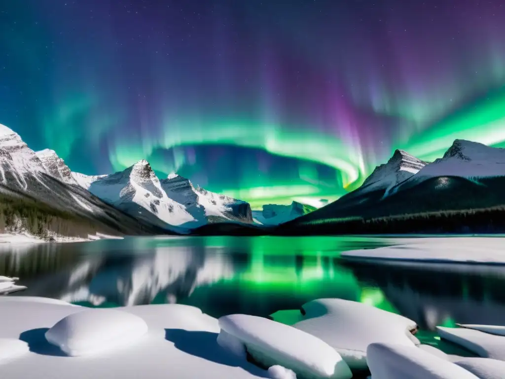 Una impresionante fotografía vintage de la aurora boreal en verde y morado sobre montañas nevadas y un lago congelado, creando una atmósfera mágica y celestial