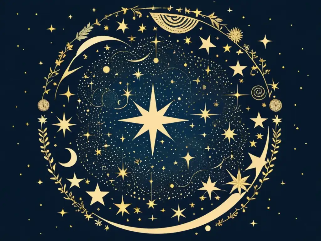 Un impresionante ilustración vintage del cielo nocturno, con constelaciones detalladas y figuras mitológicas entre las estrellas