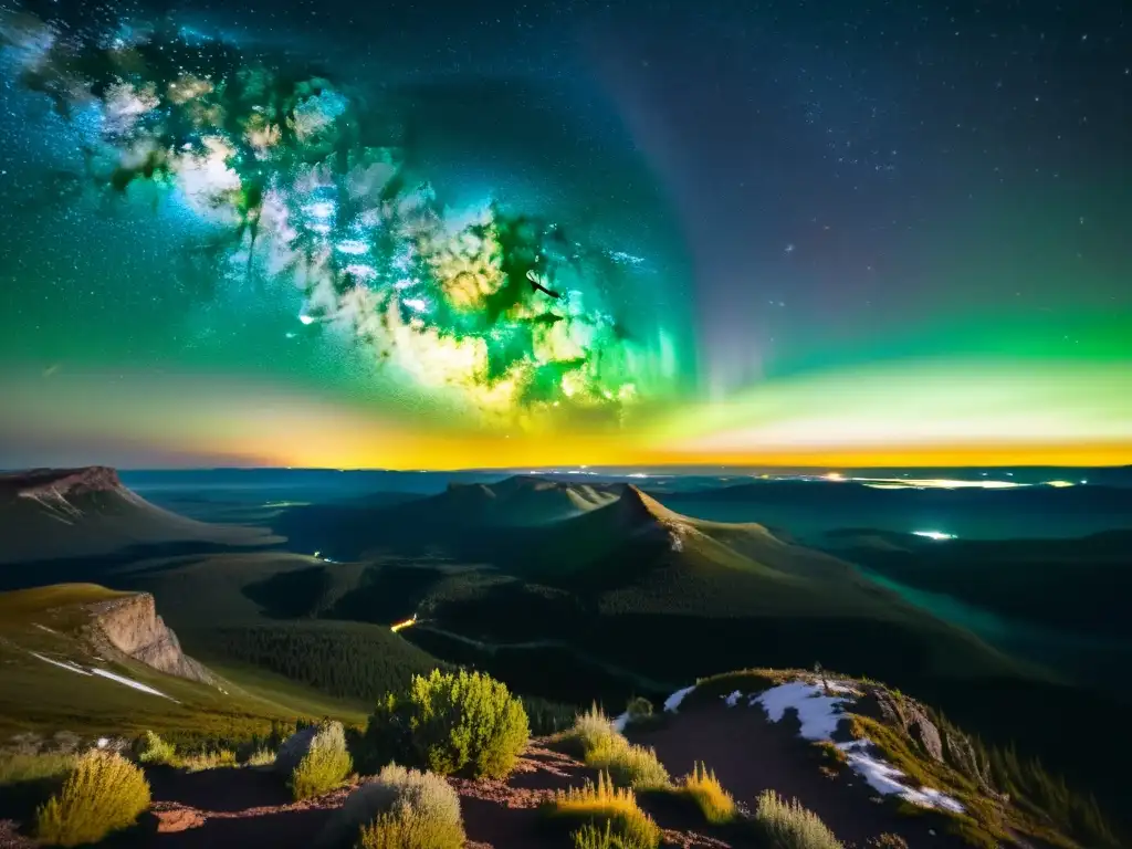 Una impresionante fotografía vintage de un cielo nocturno desde una remota montaña